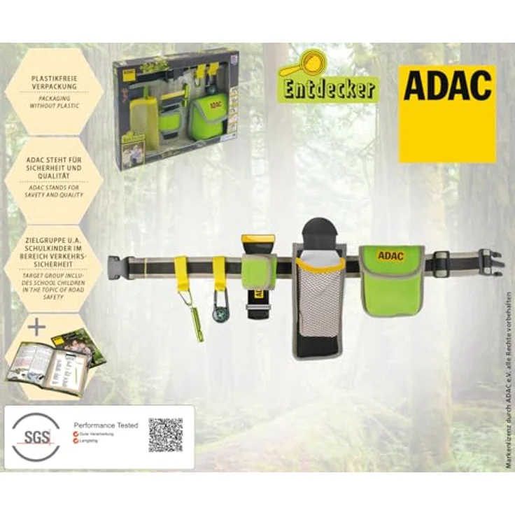 Happy People ADAC Neopren Abenteuergürtel, verstellbar 50-90 cm mit Signalpfeife, Karabiner, Trinkflaschenhalter, Kompass, Taschenlampenhalterung, grau/grün/gelb, für 8+ Jahre – Bild 2