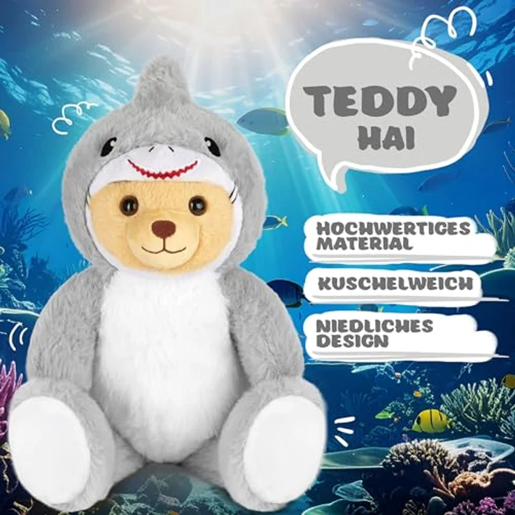 BRUBIES Teddy Hai 25 cm, Teddybär im Haikostüm mit abnehmbarer Kapuze, extra weiches Plüschmaterial, grau – Bild 2