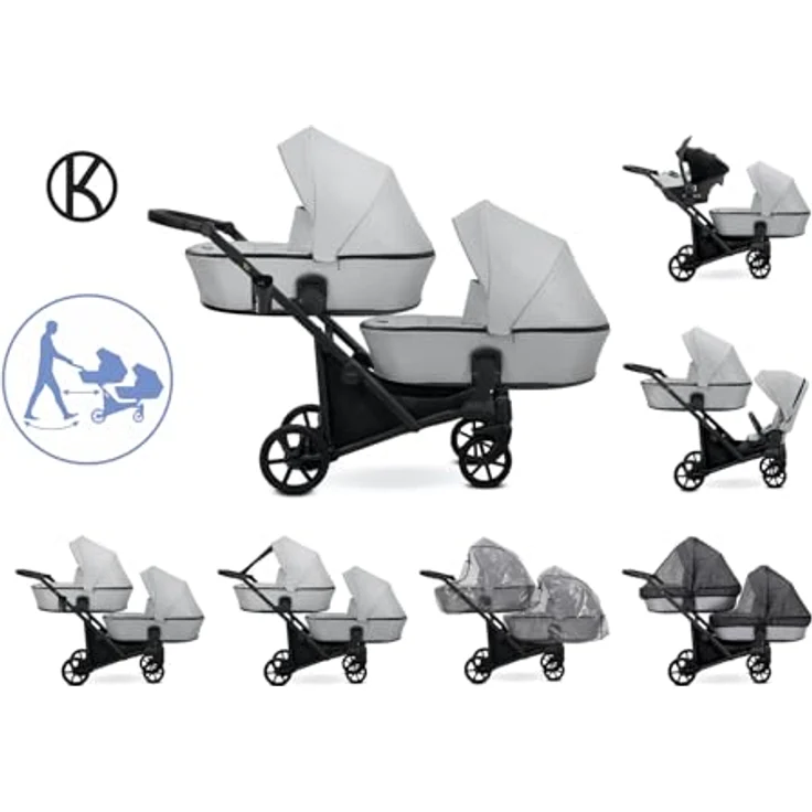Kunert BRAV DUO Zwillingskinderwagen 2 in 1, Aluminiumrahmen mit Mint/schwarzem Gestell, komfortable Babywannen, verstellbare Rückenlehnen und umfangreiches Zubehör – Bild 4