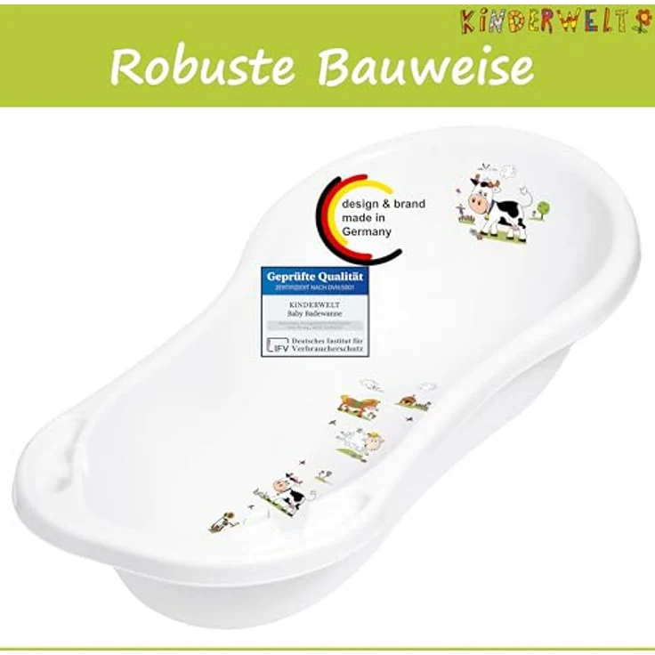 Funny Farm weiß Baby Badewanne XXL 100 cm mit Stöpsel + Badesitz – Bild 4
