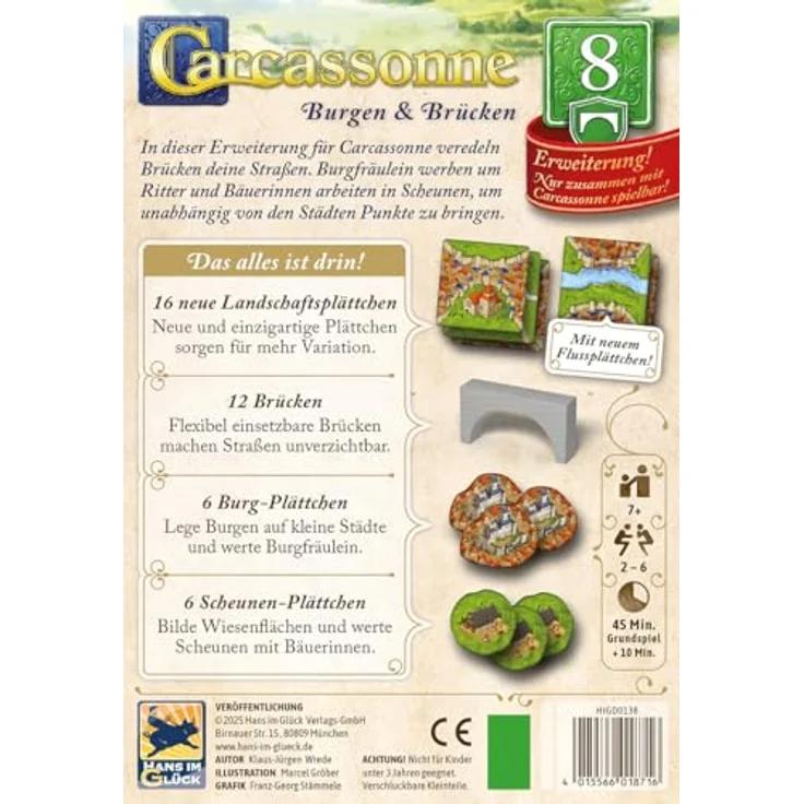 Hans im Glück Carcassonne – Burgen und Brücken, 8. Erweiterung für 2-6 Spieler, Familienspiel ab 7 Jahren, deutsche Ausgabe, 45 Minuten Spielzeit – Bild 3