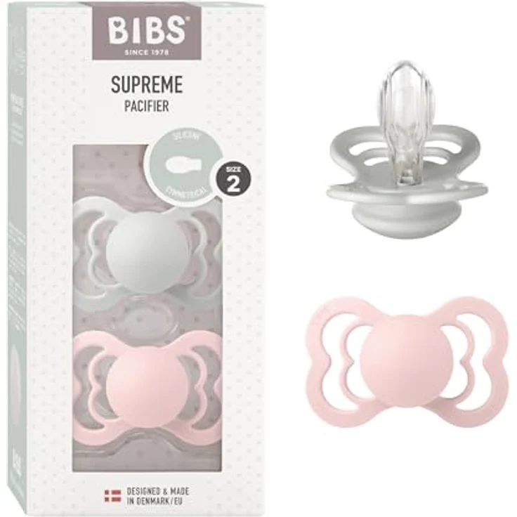BIBS Supreme Schnuller 2er-Pack, BPA-frei, Symmetrischer Nippel. Silikon, Hergestellt in Dänemark. 6-18 Monate (2er Pack), Haze / Blossom – Bild 2