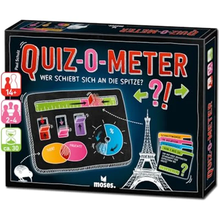 moses. Quiz-O-Meter, interaktives Schätz-Quiz mit 240 Fragen, für 2–4 Spieler ab 14 Jahren, Familienspiel & Partyspiel