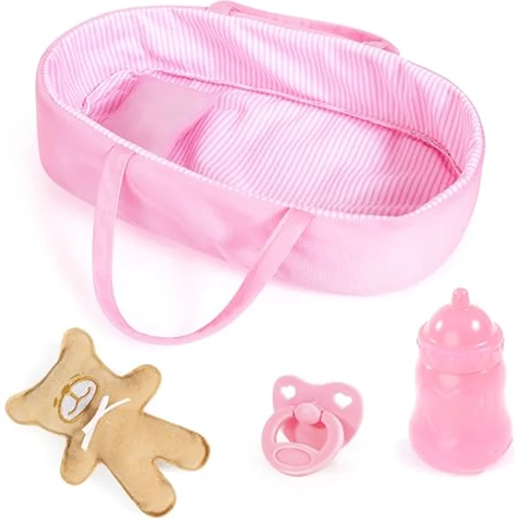 Bayer Babypuppe Cozy 28cm, Weichkörperpuppe mit Zubehör, 6-teilig, inklusive Trage, Decke, Kissen, Teddy, Schnuller und Flasche – Bild 3