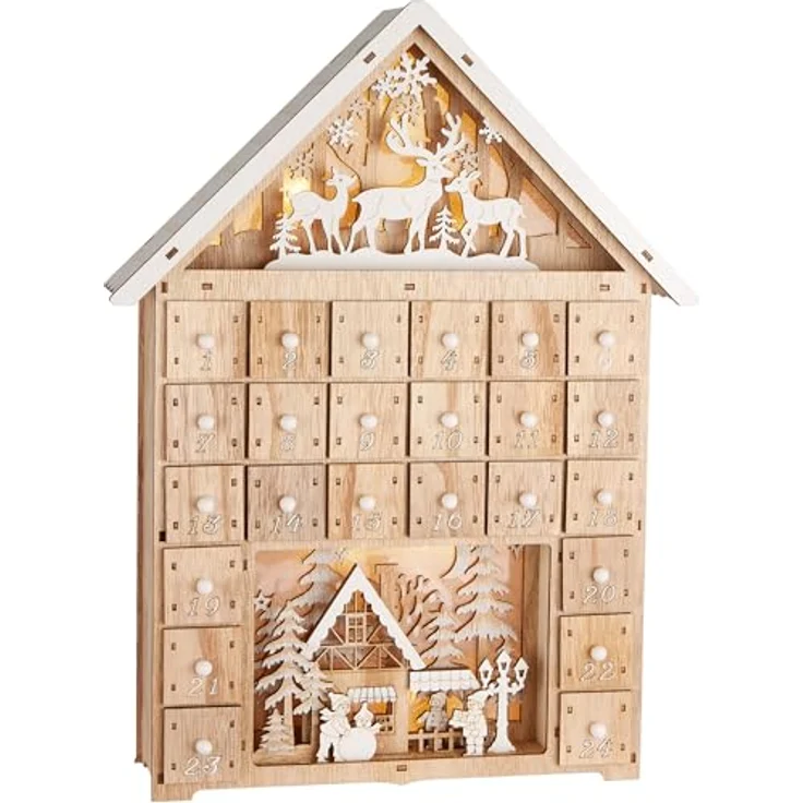 BRUBAKER Adventskalender zum Befüllen - Weihnachtshaus 2024 - Holz mit LED Beleuchtung - Rentiere im Wald, Schnee Dorf mit Kindern - 40 cm Haus Kalender Beleuchtet – Bild 1