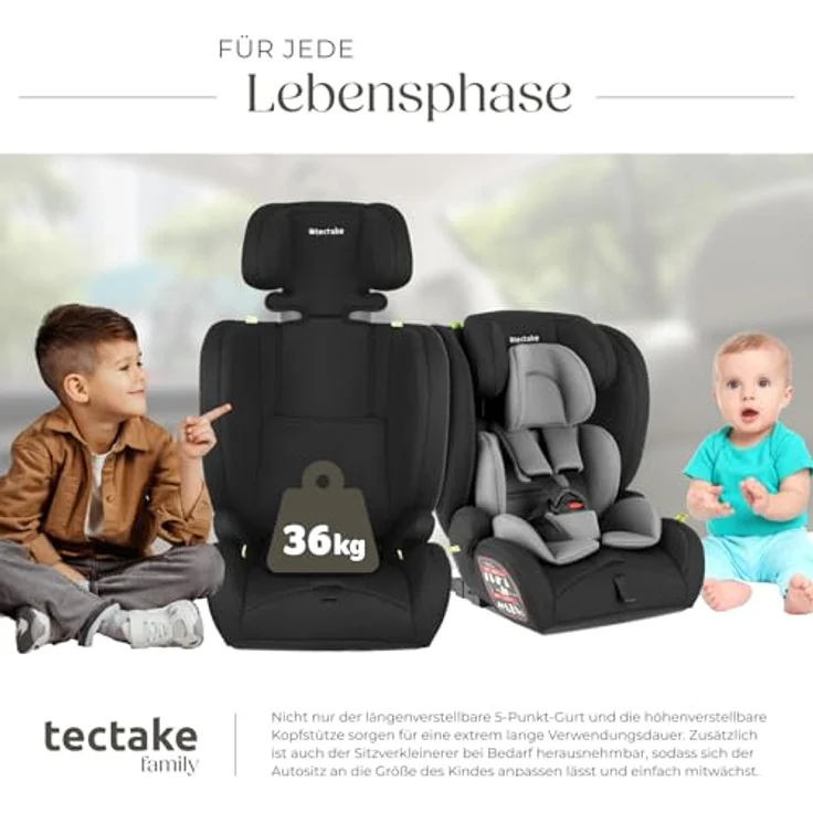 tectake Emely Autokindersitz, i-Size zugelassen, 5-Punkt-Gurt, für 9-36 kg, höhenverstellbar, atmungsaktiver Bezug, Schwarz – Bild 4