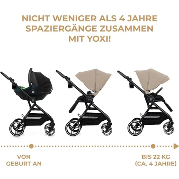 Kinderkraft YOXI Kinderwagen, Buggy von Geburt bis 22 kg, einfach zusammenklappbar, undurchdringliche Räder, wasserdicht, UPF50+, Korb bis 5 kg, beige – Bild 3