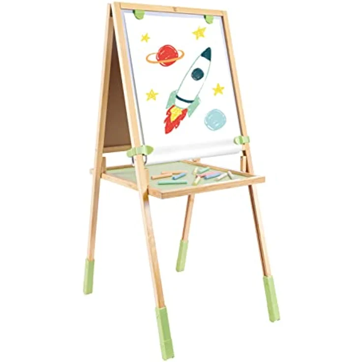 Hape Standtafel Multifunktions-Staffelei aus Bambus, höhenverstellbar, beidseitig nutzbar, mit Tafel, Whiteboard und Papierrolle – Bild 1