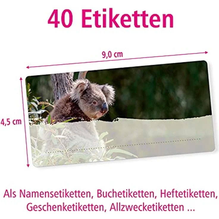 itenga 40x Buchetiketten Heftetiketten 9x4,5cm, selbstklebend, beschreibbar, ideal als Namensschild, Schulheft Etiketten (Koala) – Bild 2