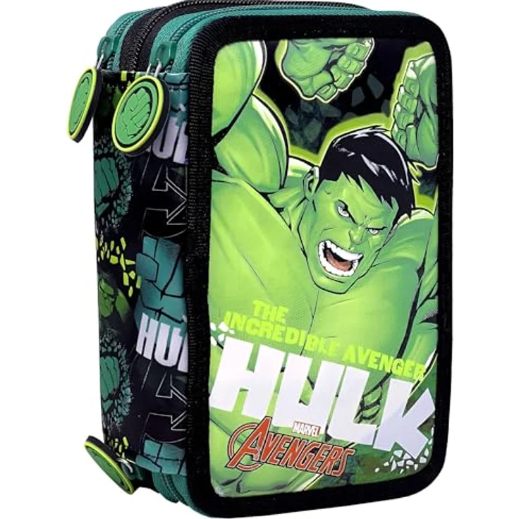 Clondo 3-Fach Federmäppchen Avengers Hulk Fan, 44-teilig, komplett gefüllt mit Schere, Lineal und Buntstiften, Schwarz und Grün, ideal für Schule & Geschenke – Bild 1