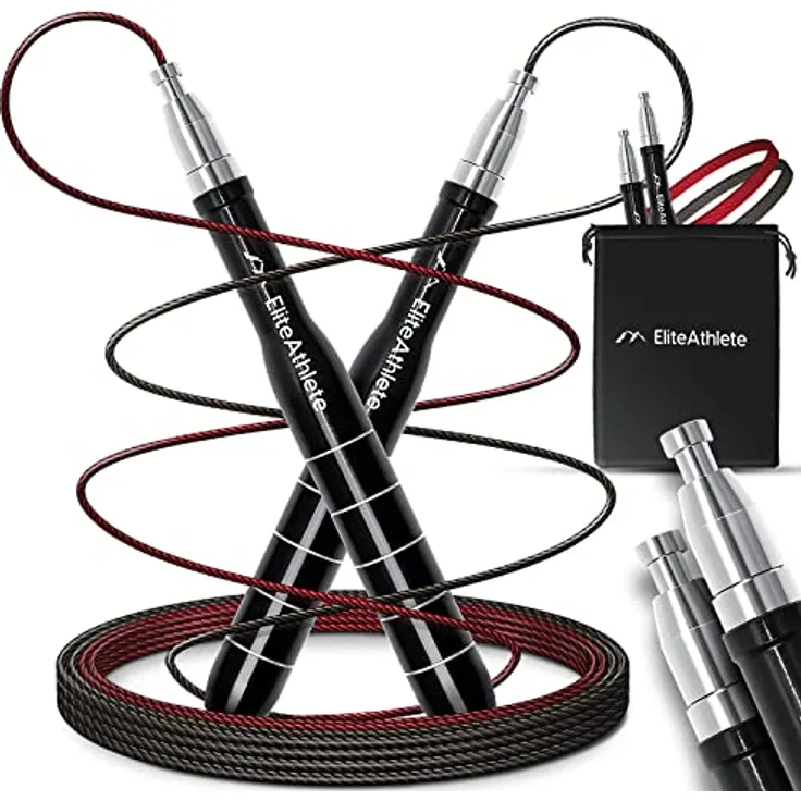 EliteAthlete Springseil Erwachsene - Speed Rope mit Ersatzseil - Profi Kugellager - Fitness Crossfit Boxen - Sprungseil inkl. Seilschoner + Tasche, Aluminium-Griffe