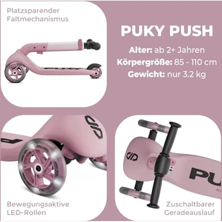 PUKY PUKYmini-Scooter Push | Kinderroller ab 2 Jahre | Rosa | Höhenverstellbarer Lenker | Klappbar & Kompakt | Extra breite Reifen | Leuchtende Räder | Ideal für Abenteurer & Outdoor – Bild 3