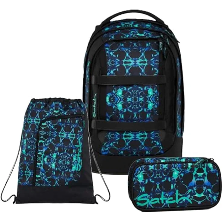 Satch Pack Schulrucksack Set 3tlg. mit 3D Soft-Mesh Rückensystem, inkl. Schlamperbox und Sportbeutel, Caleido Blue – Bild 1