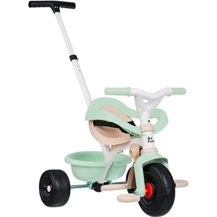 Smoby Be Fun Komfort, Mitwachsendes Dreirad für Kinder ab 10 Monaten, Grün, Schubstange mit Einkaufsbeutel