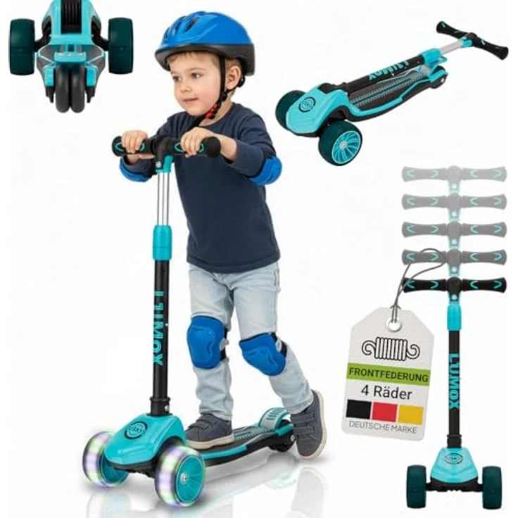 JUSKYS® Kinderroller Lumox Blau, höhenverstellbarer Dreiradscooter mit LED-Rollen und 4-Farb-Blinkeinstellung, klappbar & Hinterradbremse – Bild 1
