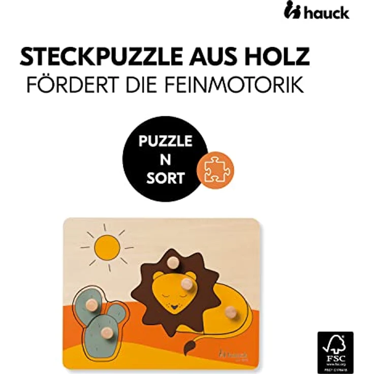 Hauck Greifpuzzle für Kleinkinder Puzzle N Sort Steckpuzzle ab 1 Jahr aus FSC® zertifizertem Holz, Lion - Holzpuzzle mit Tierformen, griffige Holzknöpfe, Förderung der Feinmotorik & Auge-Hand-Koordination – Bild 2