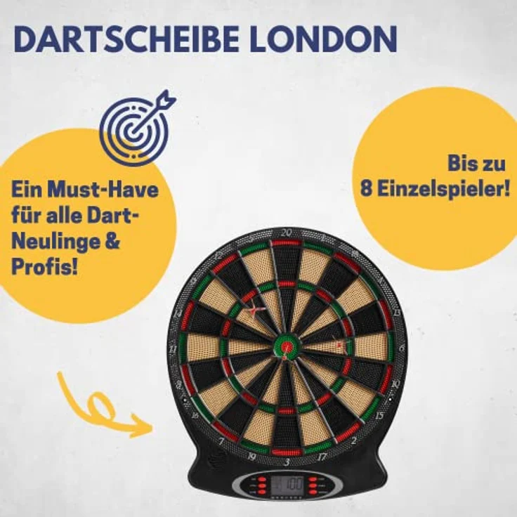 BEST SPORTING Elektronische Dartscheibe London, Dartautomat für 8 Spieler mit LED-Anzeigen, 21 Spiele, inkl. 6 Dartpfeilen und Ersatzspitzen – Bild 2