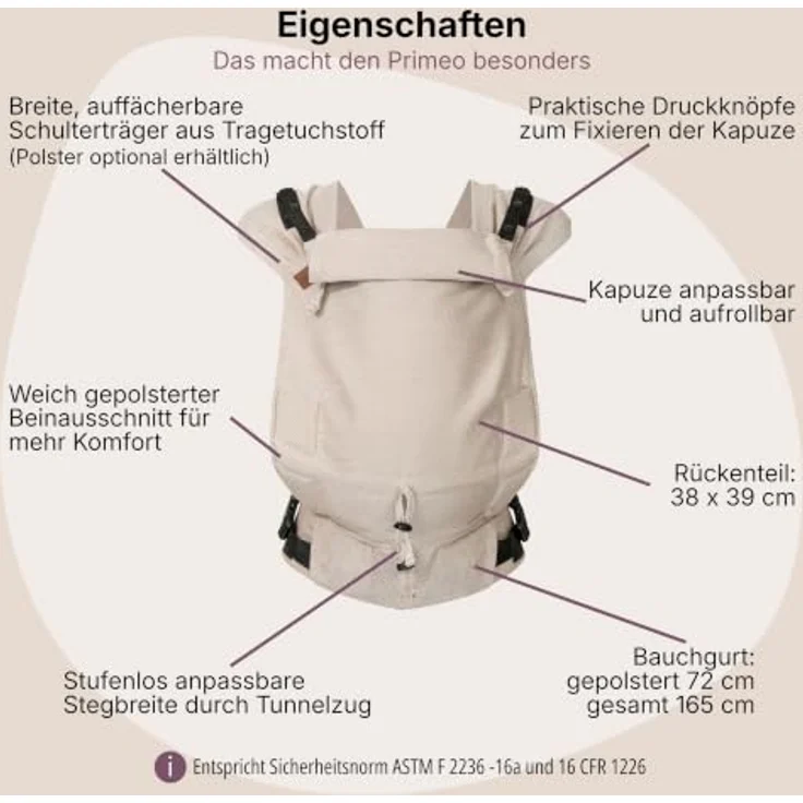 Hoppediz Babytrage Primeo, Vollschnallentrage ab Geburt (2,5 kg), Bauch- und Rückentrage aus 100 % Bio-Baumwolle, querelastischer Tragetuchstoff – Bild 6