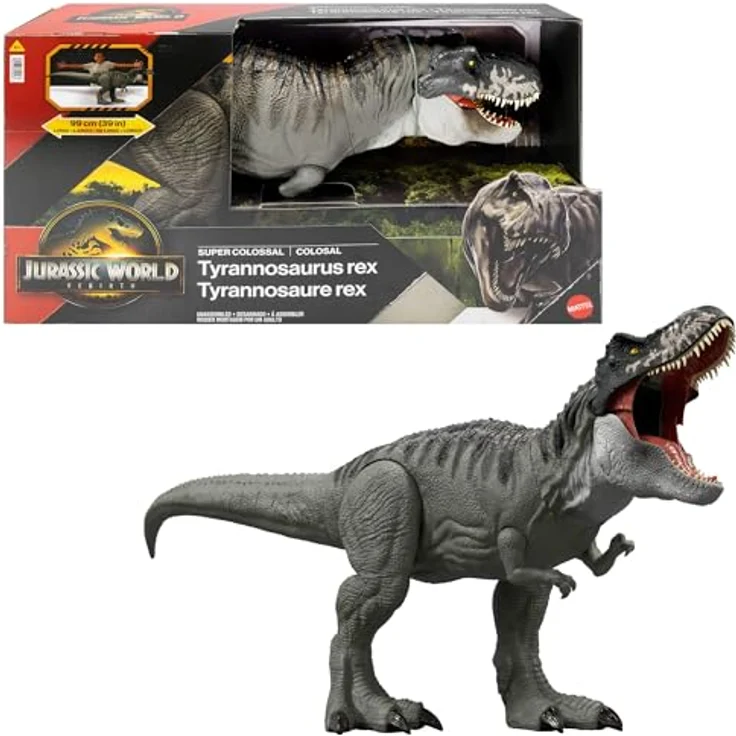 Mattel Jurassic World: Die Wiedergeburt T-Rex-Actionfigur, 99 cm groß mit 2 Angriffsbewegungen und beweglichem Design, JGB52 – Bild 1