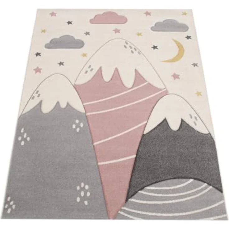 Paco Home Kinderteppich Spielteppich 3D Optik Pastell Berge Wolken Sterne, 140x200 cm, 100% Polypropylen, schmutzabweisend, pflegeleicht – Bild 5