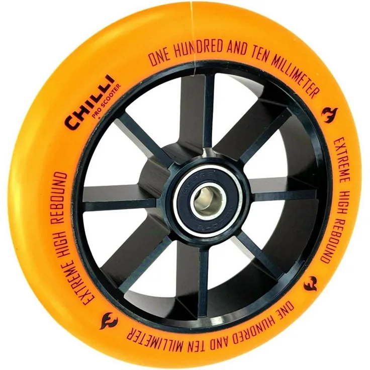 Chilli Stuntscooter Chilli Pro Stunt-Scooter Spoked Base Rolle 110mm Schwarz/PU Orange, CNC gefräster Core und Abec 9 Kugellager