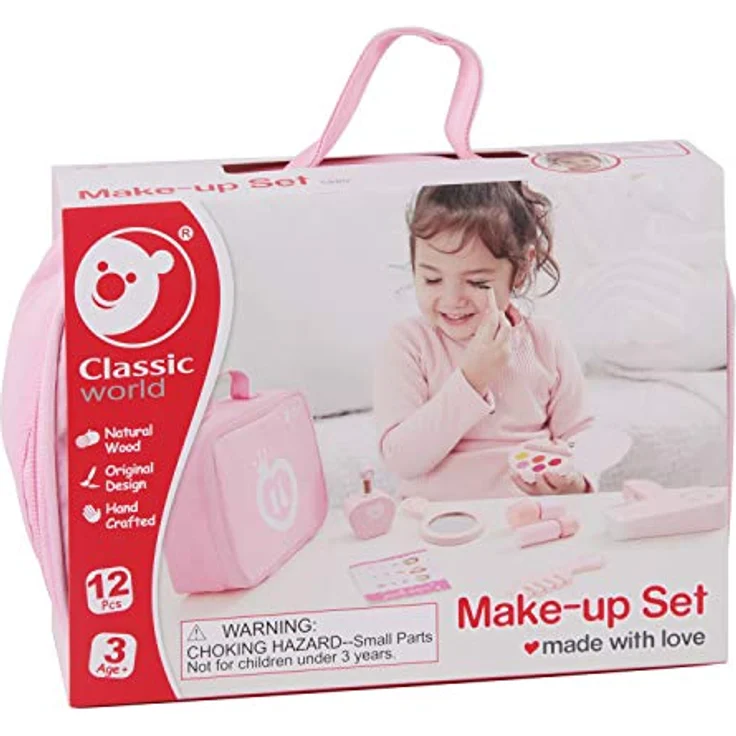 Classic World 9-teiliges Schminkset aus Holz, für Rollenspiele, Lidschatten, Lippenstift, Parfüm, Nagellack, Kamm, Spiegel, Haartrockner und Kosmetikkoffer, Rosa – Bild 3
