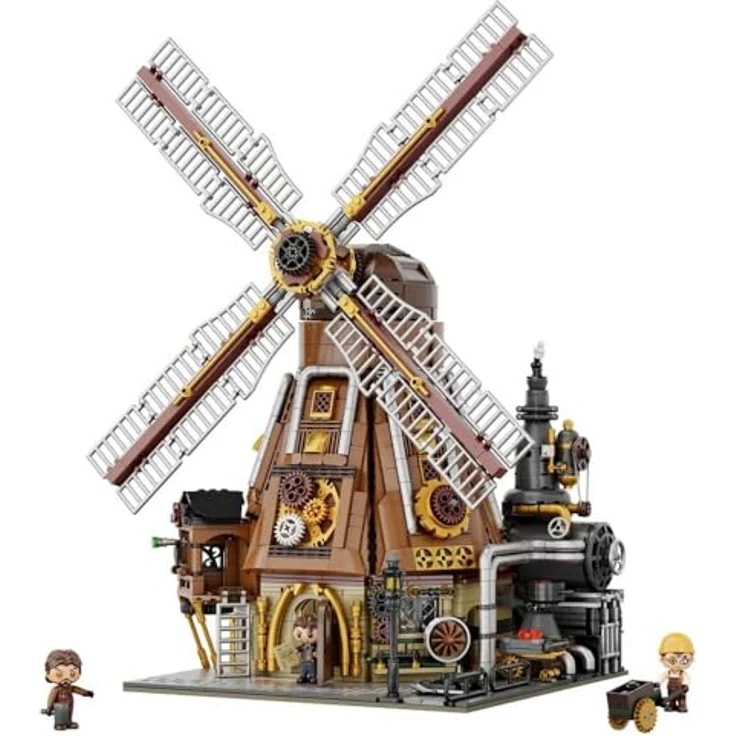 Pantasy Steampunk Windmill Workshop, Klemmbausteine-Modell mit 2400 Teilen, 3 Fantasy-Minifiguren und funktionierendem Dampfschornstein – Bild 1