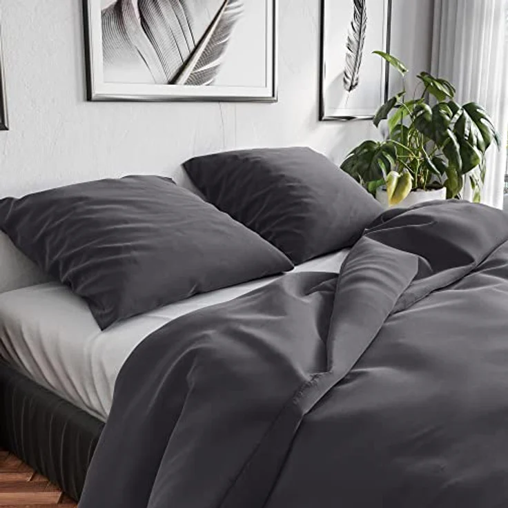 Wolkenfeld Bettwäsche 135x200 Baumwolle Grau - Atmungsaktiv - Renforcé Bettwäsche-Set mit 1x Bettbezug 135 x 200 + 1x Kissenbezug 80x80 - Anthrazit – Bild 1