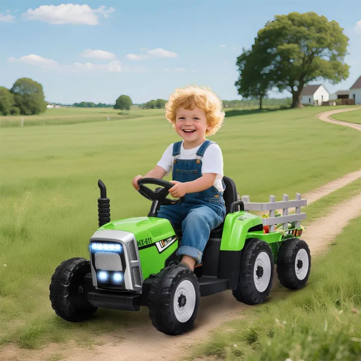 Xdovet Elektro-Kindertraktor, Kinderauto mit Eltern-Fernbedienung, max. 6 km/h, abnehmbarer Anhänger, Grün + Schwarz