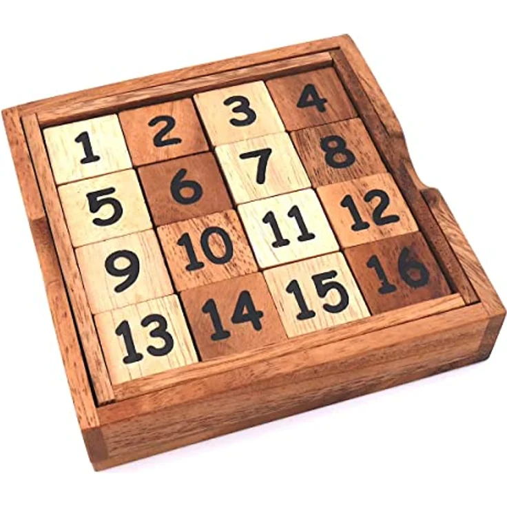 ROMBOL rutschende 15 und 34, Zwei Spiele in einem, Holzspiel, Denkspiel, Knobelspiel, Geduldspiel aus Holz, Samena-Holz, matt braun – Bild 3