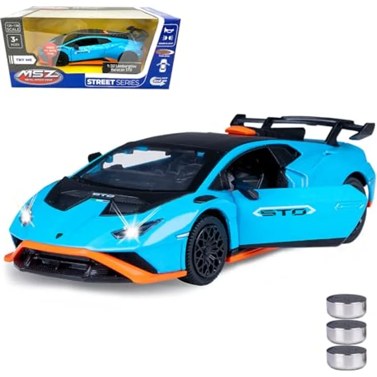 JAMARA 402616 Lamborghini Huracán STO Diecast 1:32, Modellauto mit LED-Licht, manuell öffnenden Türen und Rückzugmotor, Geschenkidee für Kinder