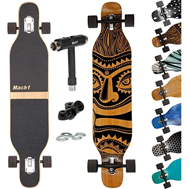 Mach1 Bambus Longboard mit Keramik Kugellager + T-Tool - Skateboard Drop Through Cruiser Komplettboard in Mask-Farbe – Bild 1