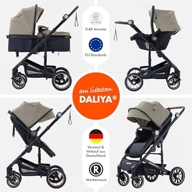 Daliya® NEOMOVE 3in1 Kinderwagen, Buggy & i-Size Babyschale | Alu-Rahmen | Reisekinderwagen & Sportwagen | Großer Einkaufskorb | Stadt & Gelände (Schwarz-Beige) – Bild 2