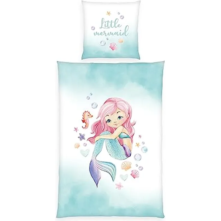 Herding Young Collection Bettwäsche-Set Meerjungfrau, Kopfkissenbezug 80 x 80 cm, Bettbezug 135 x 200 cm, Mit leichtläufigem Reißverschluss, Baumwolle