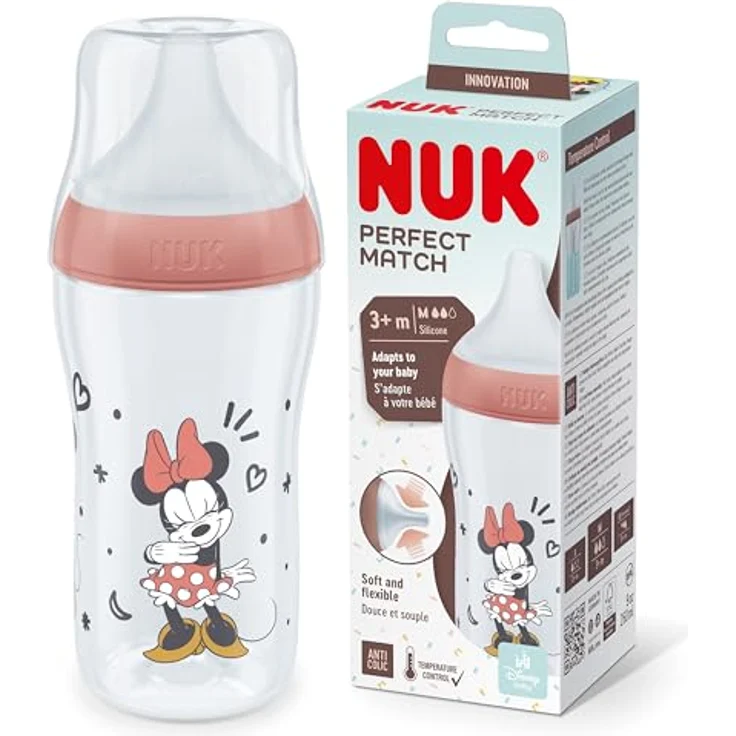 NUK Perfect Match Babyflasche | Ab 3 Monate | Passt sich dem Baby an | Temperature Control | Anti-Colic | 260 ml | BPA-frei | Silikontrinksauger, Medium | Disneys Micky Maus [rot] – Bild 1