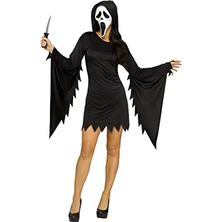 Fun World Division Scream - Ghostface Abendkleid (S), schwarzes Kapuzenkleid mit Masken-Zubehör für Halloween, 100% Polyester