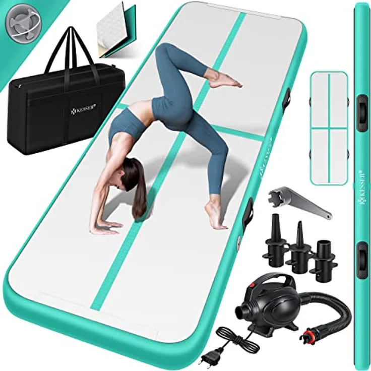 KESSER® Turnmatte Aufblasbar Airtrack Fitness-Matte Gymnastikmatte 3/4/5/6m | inkl. Tragetasche & elektr. Luftpumpe | Yogamatte, Tumbling Matten , Trainingsmatte Sportmatte Yoga, Turn- & Fitness 300 x 100 x 10 cm, Mint Grün – Bild 2