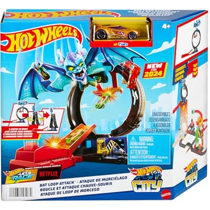 Hot Wheels City Nemesis Bat vs Tire Shop, Rennbahn-Set mit Looping und 1:64 Fahrzeug, erweiterbar – Bild 6