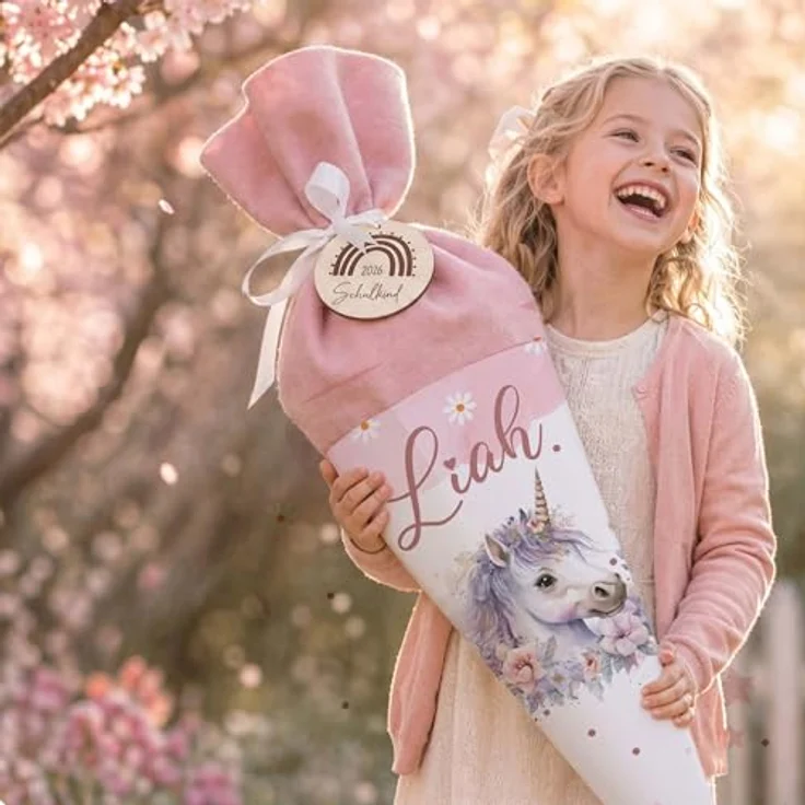 Kidsmood personalisierte Schultüte Einhorn (Rosa), Zuckertüte mit Holzschild „Schulkind 2026“, inkl. Rohling und Filz-Stoff, ideales Einschulungsgeschenk für Mädchen und Jungen 2026 – Bild 3