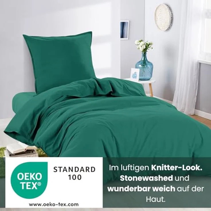 wometo Bettwäsche Renforce Stone-Washed 155x220 & 80x80 cm 100% Baumwolle - tannengrün OekoTex weich modern Used-Look Leinen-Optik – Bild 3