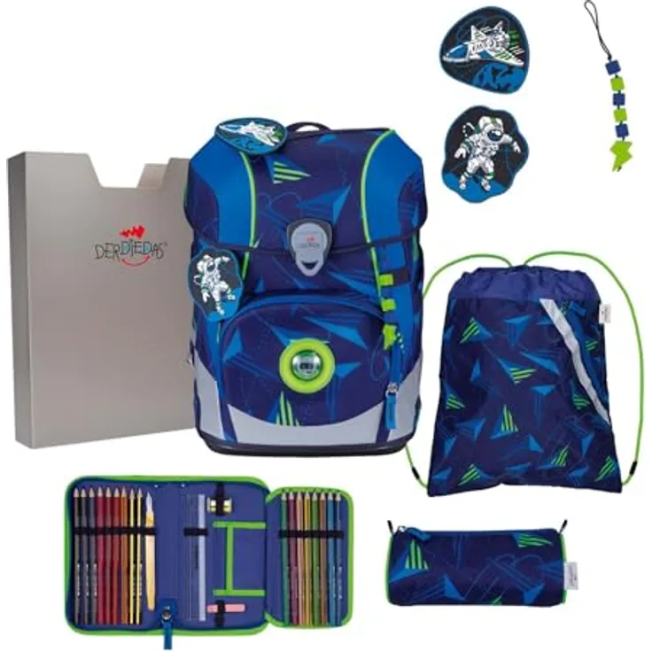 DerDieDas ErgoFlex Tiny LED Schulranzen Set 6-teilig, ergonomisch, mit hoher Sichtbarkeit, blau, Moon Mission
