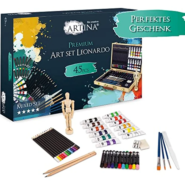 Artina Kreativset Leonardo, 45tlg. Malset mit 12 Acrylfarben, 12 Buntstiften und Gliederpuppe im Holzbox – Bild 4