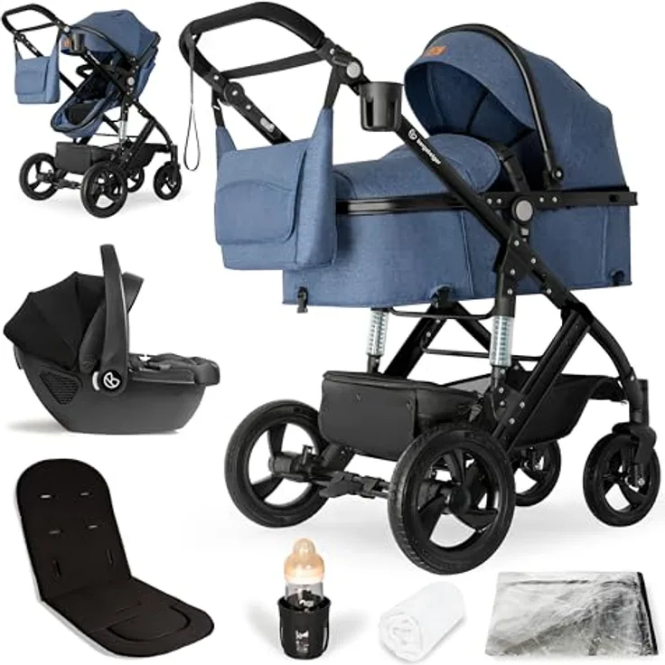 Bergsteiger Nizza 3 in 1 Kinderwagen, Kombikinderwagen Komplettset, Auto-Babyschale, Babywanne & Buggy Sportsitz inklusive, Isofix Station optional, grau