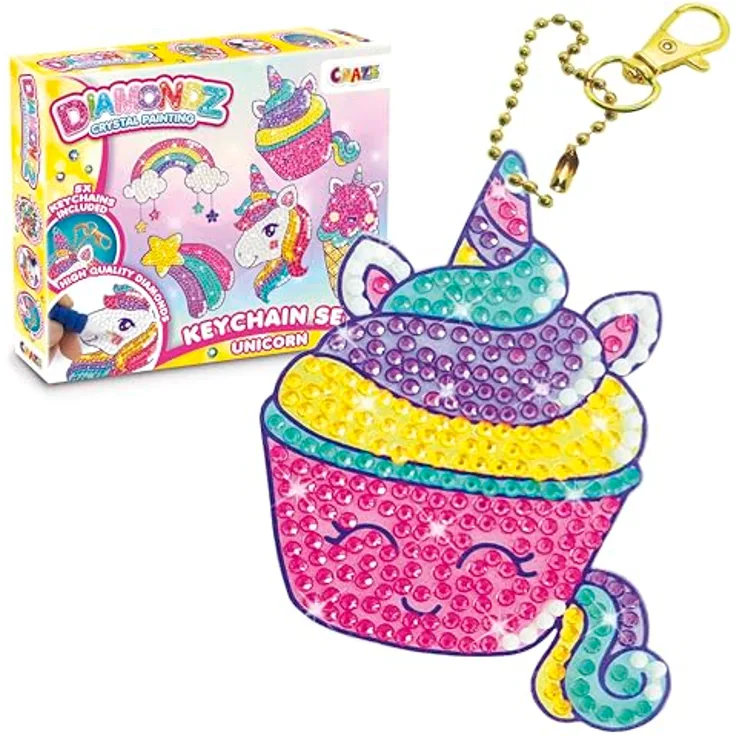 CRAZE DIAMONDZ Keychains Set Unicorn - DIY Diamond Painting Schlüsselanhänger Bastelset, Diamant Malerei Kinder 5x Schablonen & Zubehör
