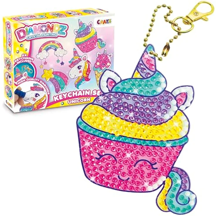 CRAZE DIAMONDZ Keychains Set Unicorn - DIY Diamond Painting Schlüsselanhänger Bastelset, Diamant Malerei Kinder 5x Schablonen & Zubehör – Bild 1