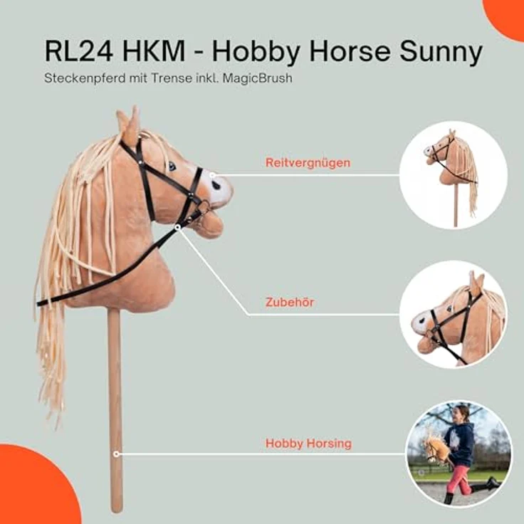RL24 HKM Hobby Horse Sunny, Steckenpferd aus Plüsch mit Holzstock, Trense und langer Mähne, hellbraun – Bild 3