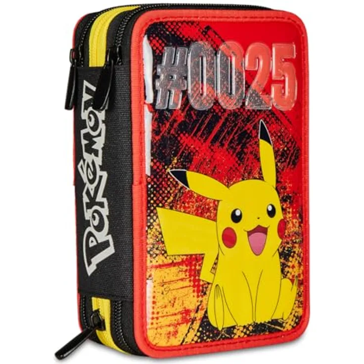 Seven Federmäppchen Pokemon Pikachu, XXL Etui mit 3 Fächern und kompletten Schreibwaren, inkl. Bleistiften und Filzstiften für Mädchen, Grundschule
