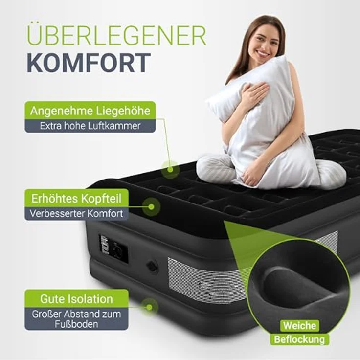 Juskys Luftmatratze Sapri M, Einzel-Luftbett, selbstaufblasend, wasserdicht, inkl. Pumpe, Tasche - Schwarz – Bild 5