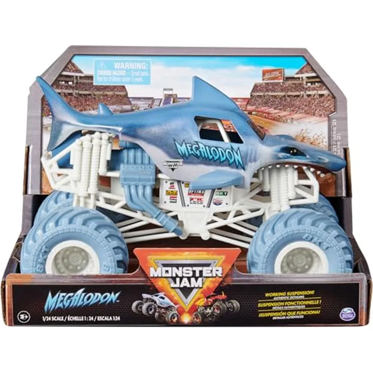 Monster Jam Megalodon, Offizieller Monster Truck im Maßstab 1:24 mit funktionierender Federung und Gummi-BKT-Reifen, Kinderspielzeug für Jungen und Mädchen ab 3 Jahren