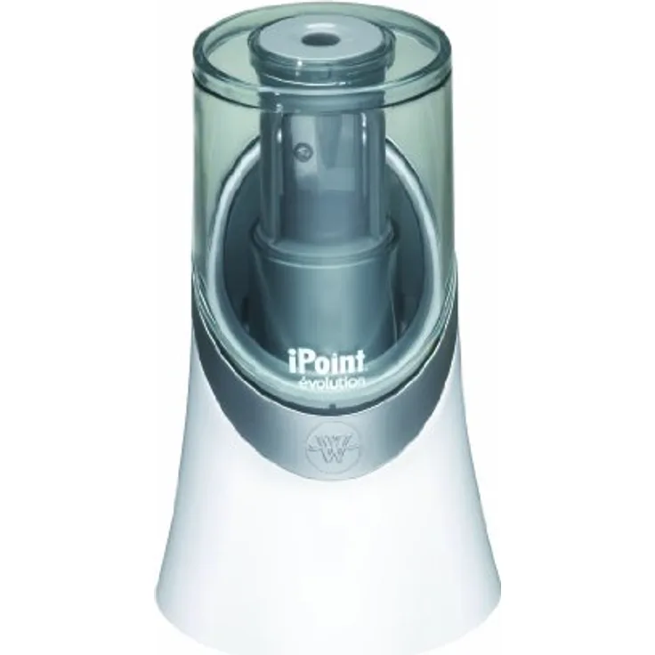 WESTCOTT iPoint Evolution Anspitzer, batteriebetrieben für Stifte bis 8 mm Ø, weiß, großer Auffangbehälter, automatische Spitzfunktion, Titannitrid beschichtete Klingen